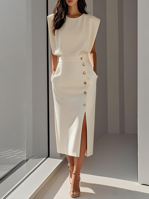 Clarissa | Women's Elegant Button-Front Sleeveless Midi Dress