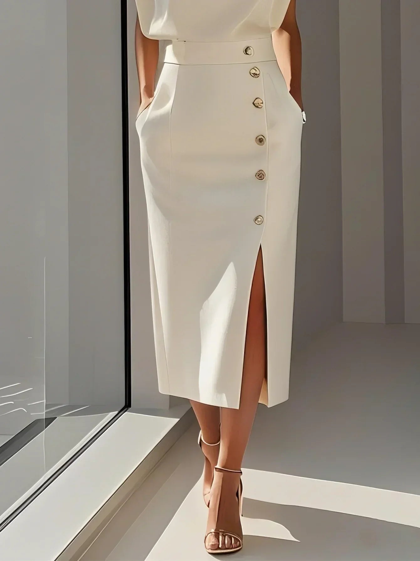 Clarissa | Women's Elegant Button-Front Sleeveless Midi Dress