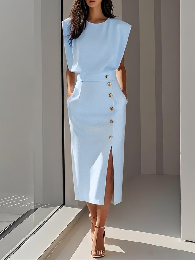 Clarissa | Women's Elegant Button-Front Sleeveless Midi Dress
