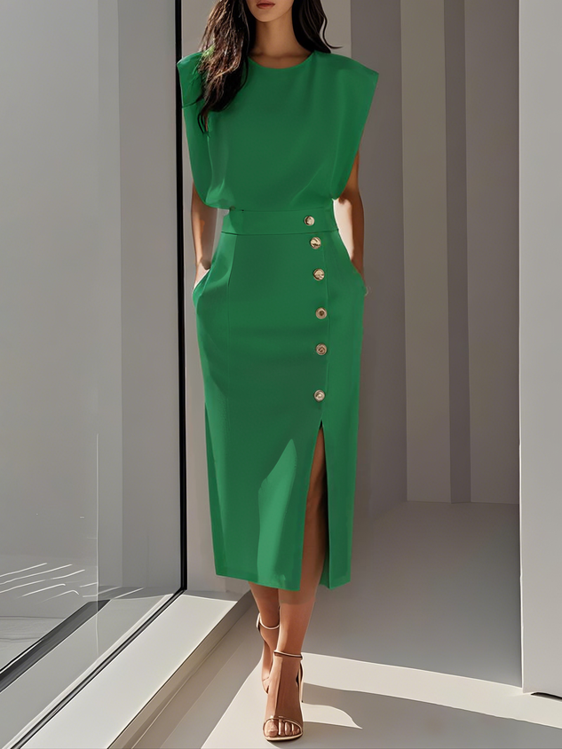 Clarissa | Women's Elegant Button-Front Sleeveless Midi Dress
