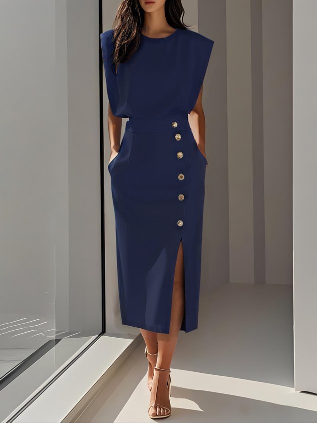 Clarissa | Women's Elegant Button-Front Sleeveless Midi Dress