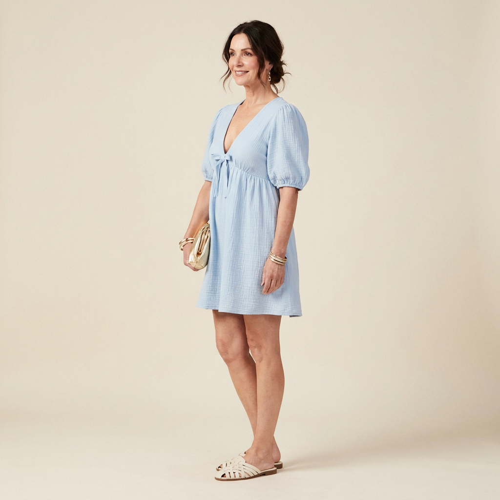 Nellie | Elegant Women' Short V-Neck Bowknot Dress with Puff Sleeves