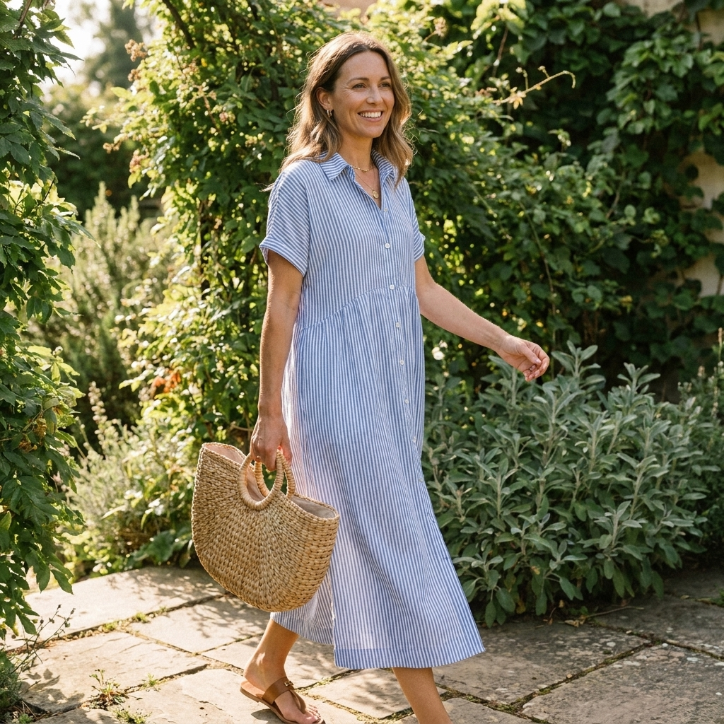 Marguerite | Women's Striped Short-Sleeve Shirt Midi Dress
