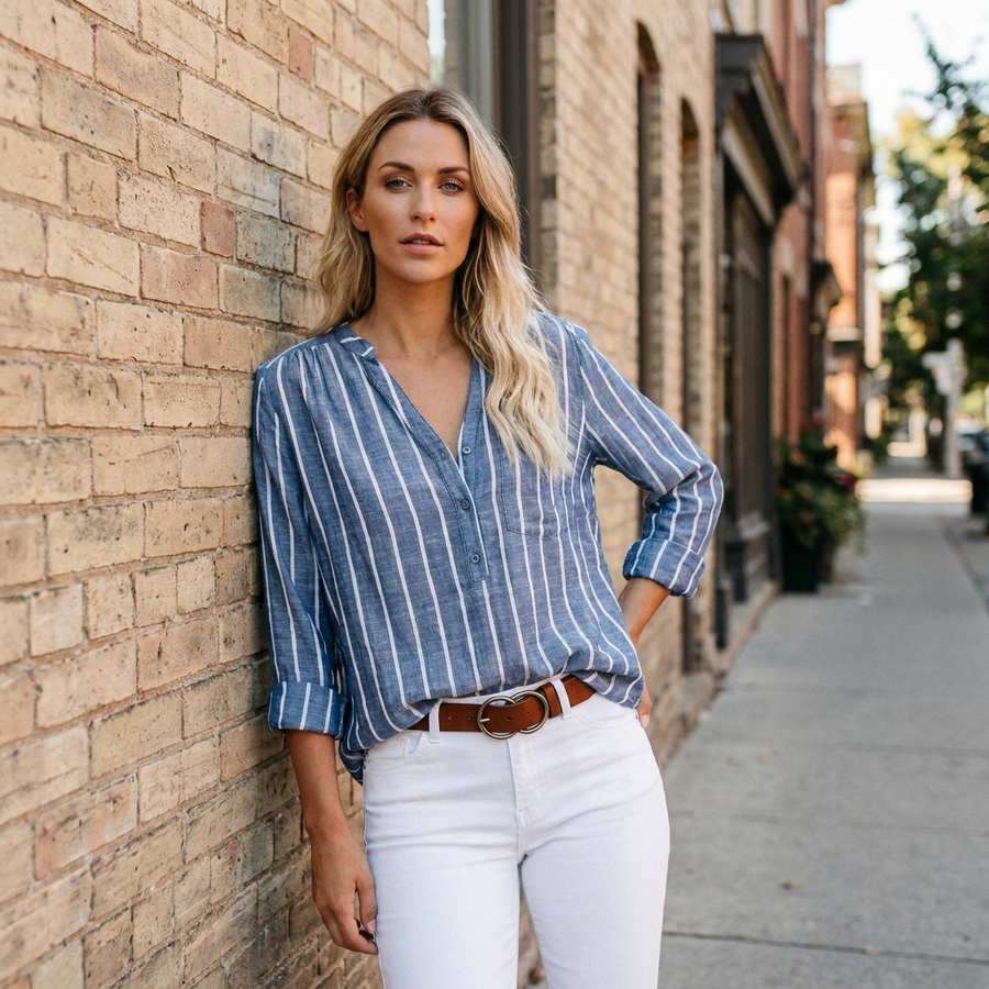 Vigga | Women's Striped Long Sleeve Button-Up Linen Top