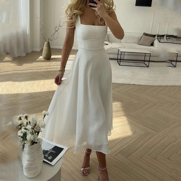 Everly | Wedding Guest Square Neck Midi Dress