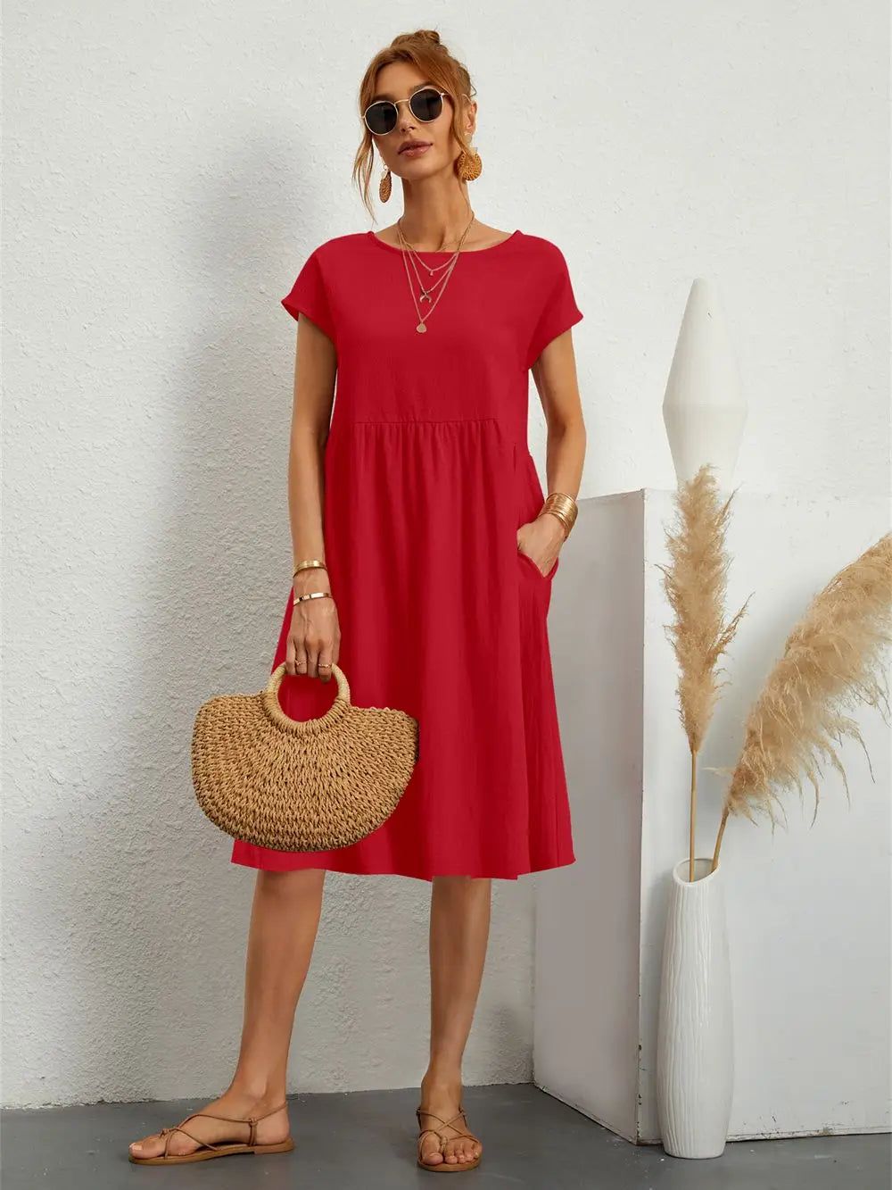 Marisol | Women's A-Line Short Sleeve Pocket Midi Dress