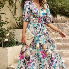 Amara | Wedding Guest Floral V-Neck Midi Dress for Women
