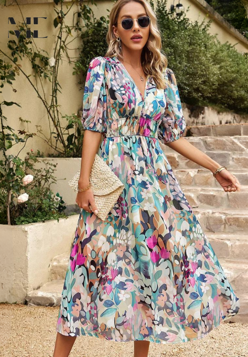 Amara | Wedding Guest Floral V-Neck Midi Dress for Women