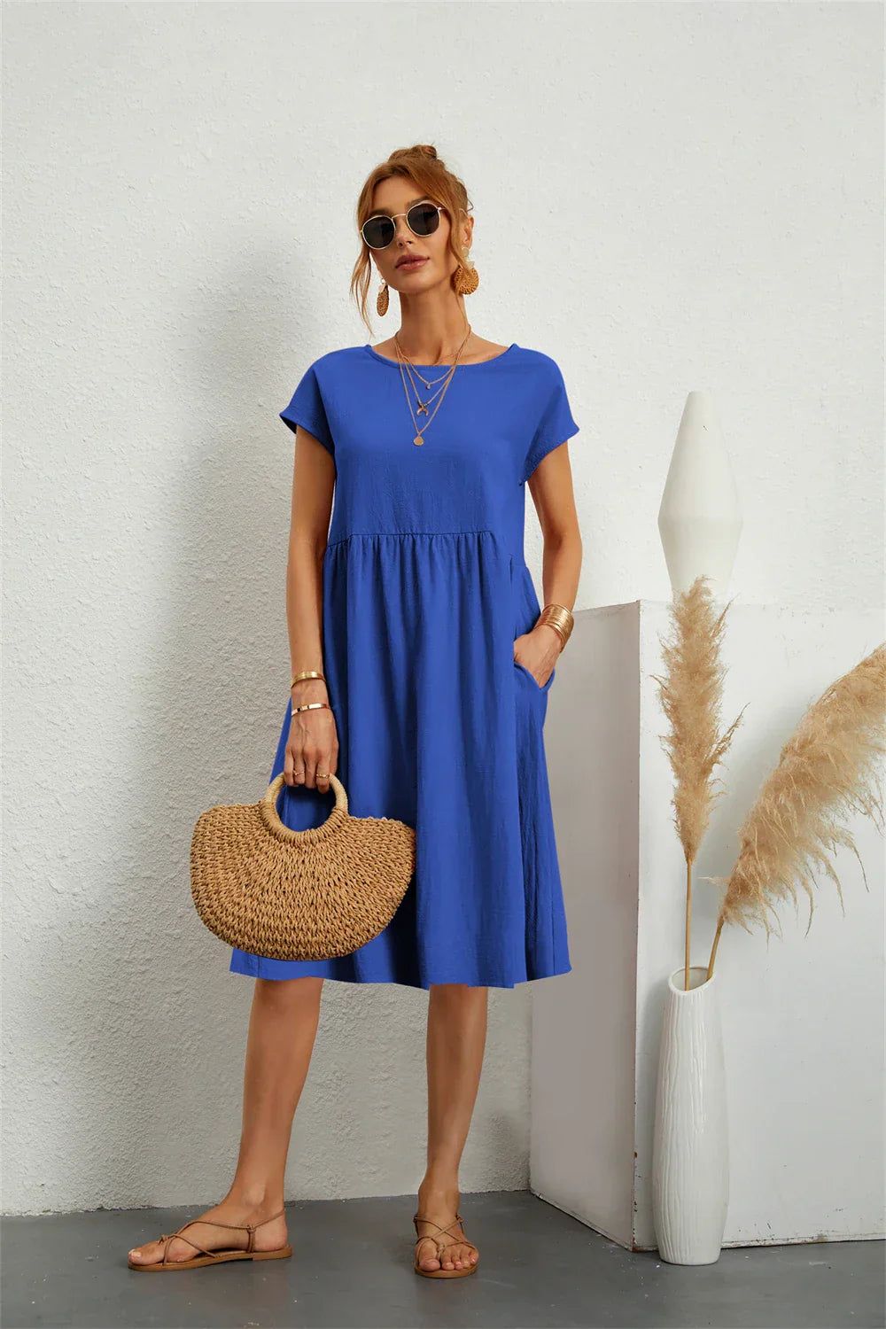 Marisol | Women's A-Line Short Sleeve Pocket Midi Dress