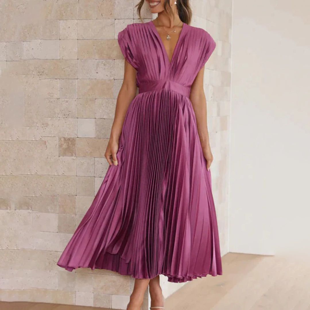 Rosalie | Wedding Guest Pleated V-Neck Midi Dress