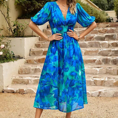Amara | Wedding Guest Floral V-Neck Midi Dress for Women