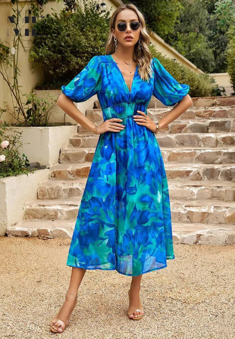 Amara | Wedding Guest Floral V-Neck Midi Dress for Women
