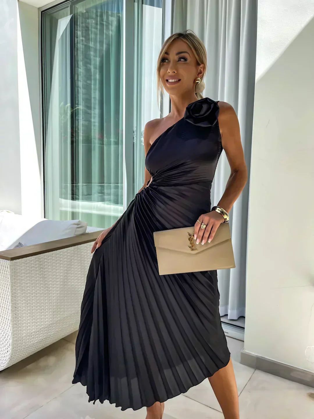 Isabeau | Wedding Guest One-Shoulder Pleated Midi Dress