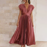 Rosalie | Wedding Guest Pleated V-Neck Midi Dress