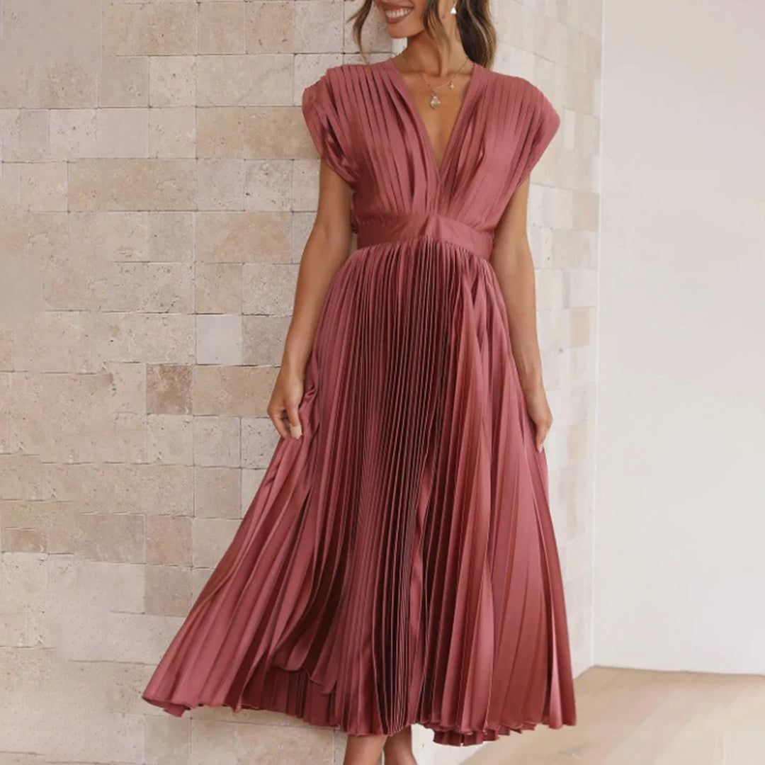 Rosalie | Wedding Guest Pleated V-Neck Midi Dress
