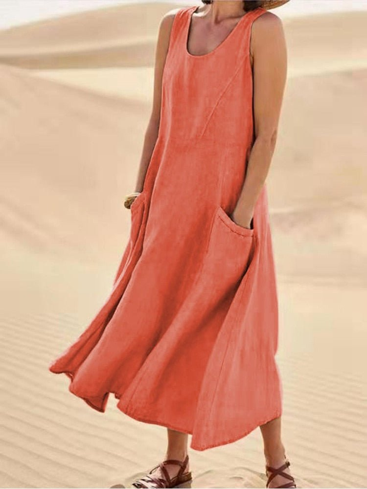 Nolan | Women's Scoop-Neck Sleeveless Midi Dress with Pockets