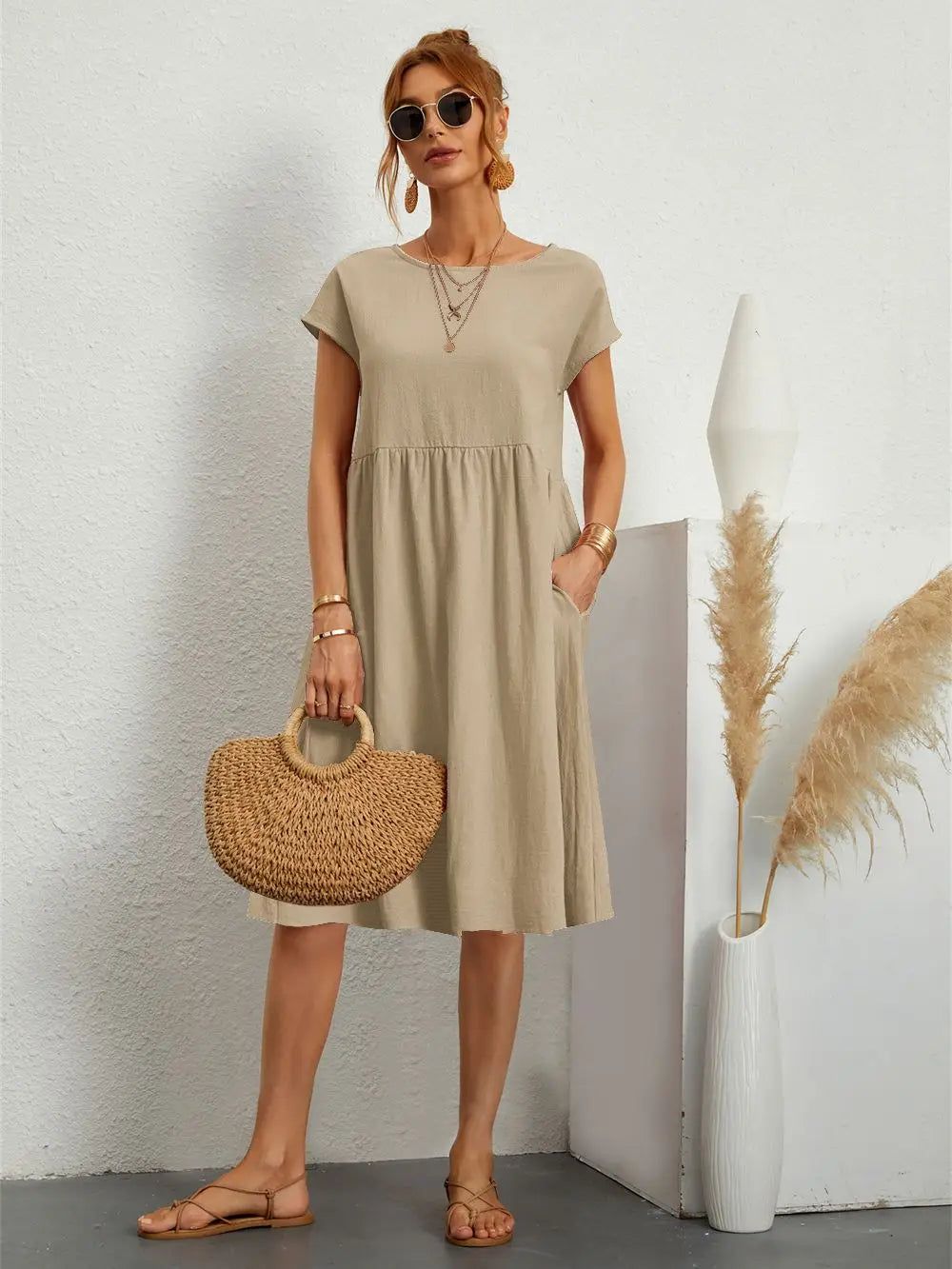 Marisol | Women's A-Line Short Sleeve Pocket Midi Dress