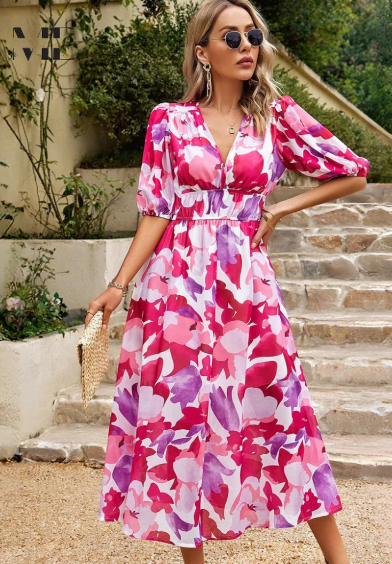 Amara | Wedding Guest Floral V-Neck Midi Dress for Women