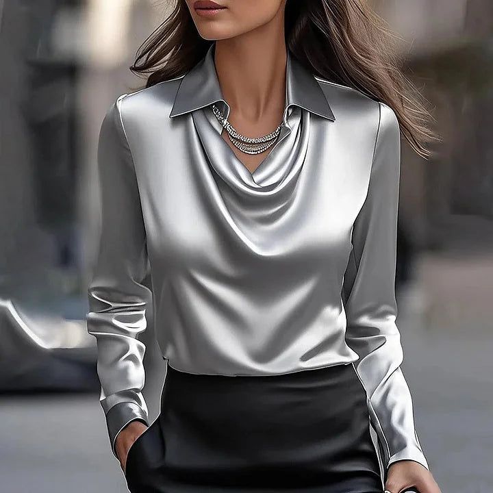 Camille | Women's Draped Neckline Satin Blouse