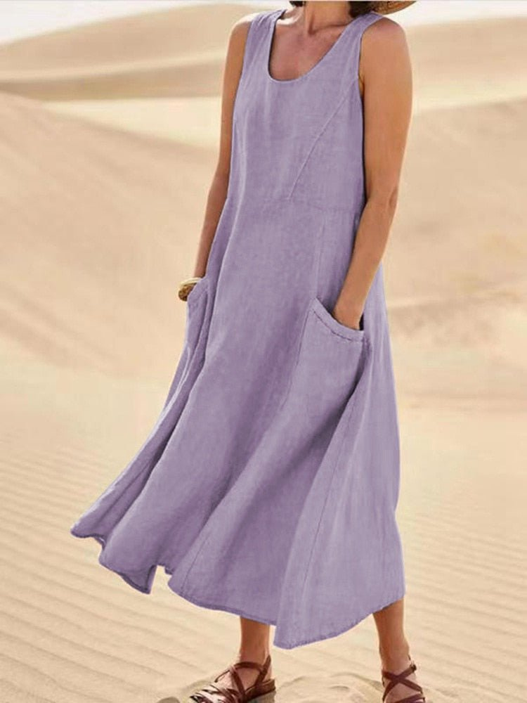 Nolan | Women's Scoop-Neck Sleeveless Midi Dress with Pockets