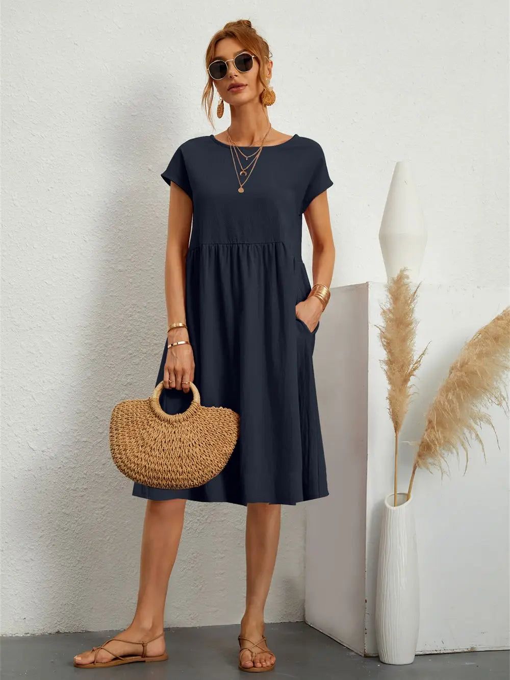Marisol | Women's A-Line Short Sleeve Pocket Midi Dress