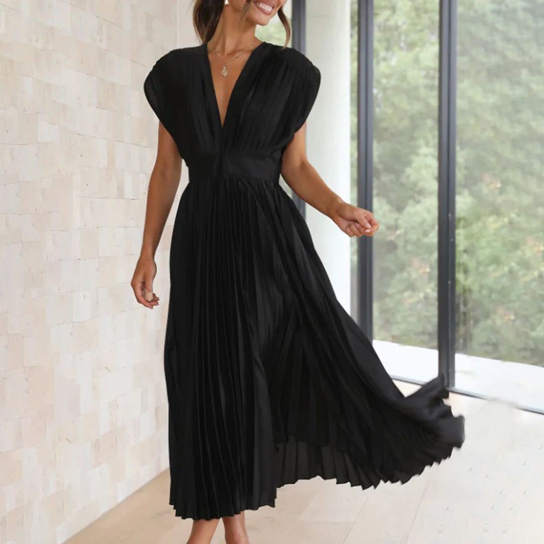 Rosalie | Wedding Guest Pleated V-Neck Midi Dress