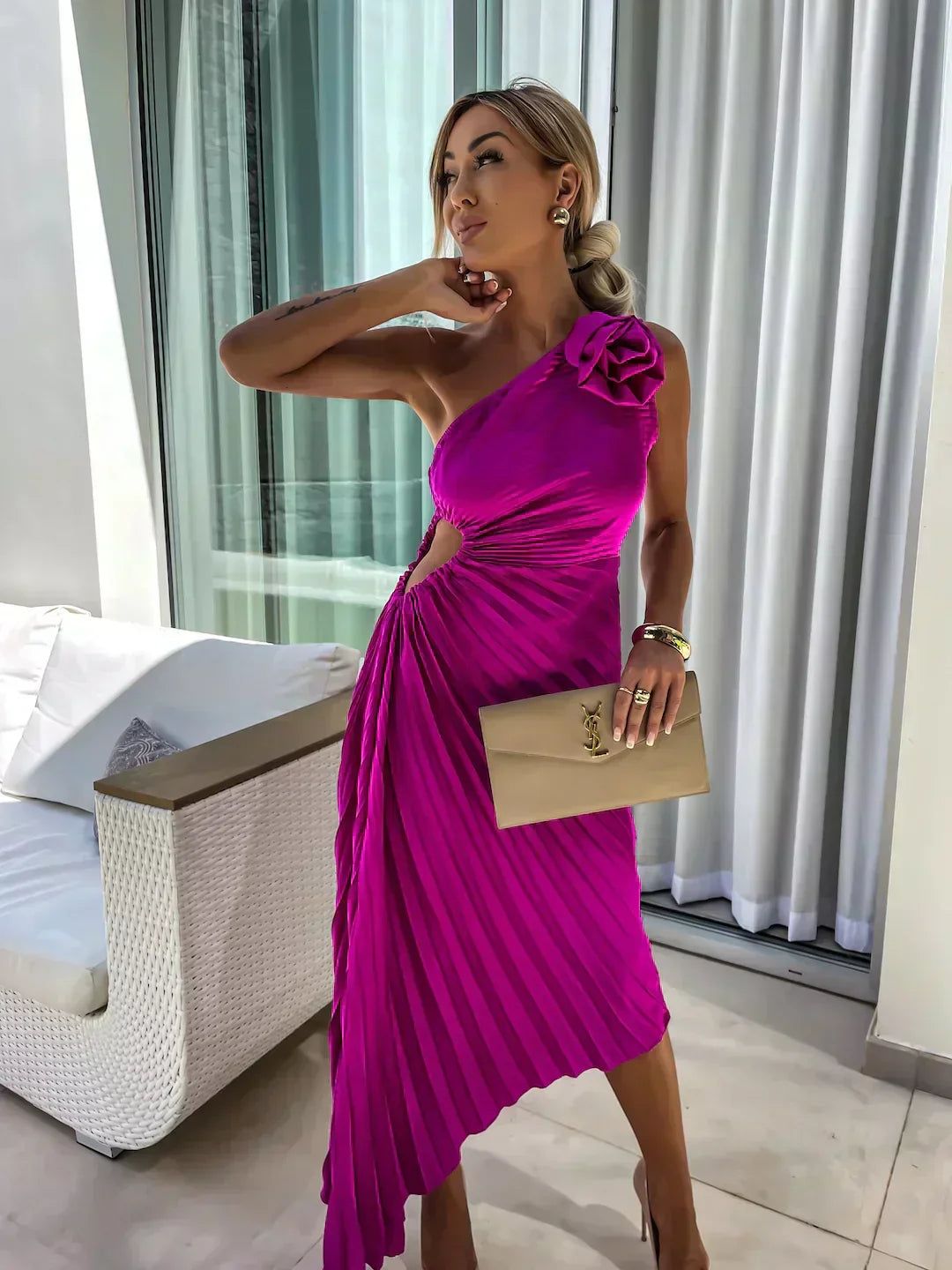 Isabeau | Wedding Guest One-Shoulder Pleated Midi Dress