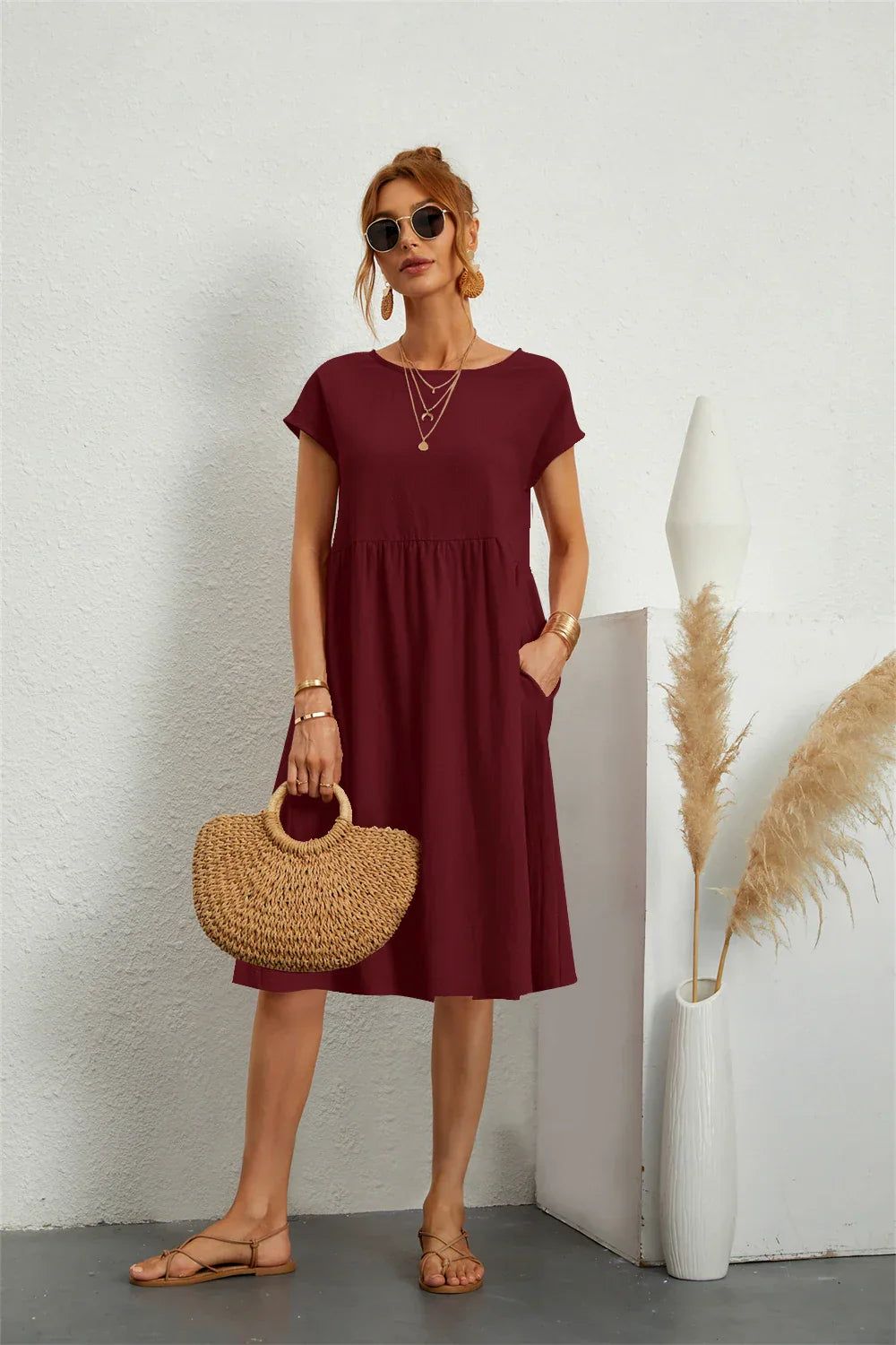 Marisol | Women's A-Line Short Sleeve Pocket Midi Dress