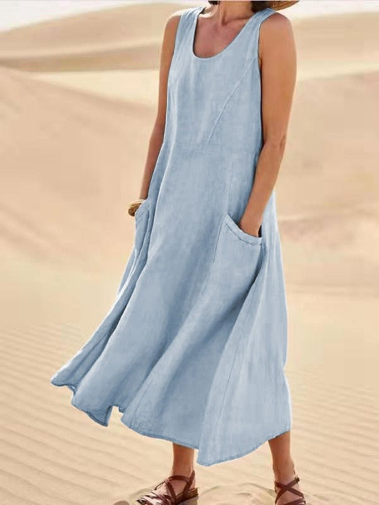 Nolan | Women's Scoop-Neck Sleeveless Midi Dress with Pockets