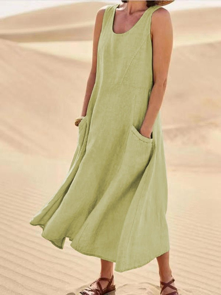 Nolan | Women's Scoop-Neck Sleeveless Midi Dress with Pockets