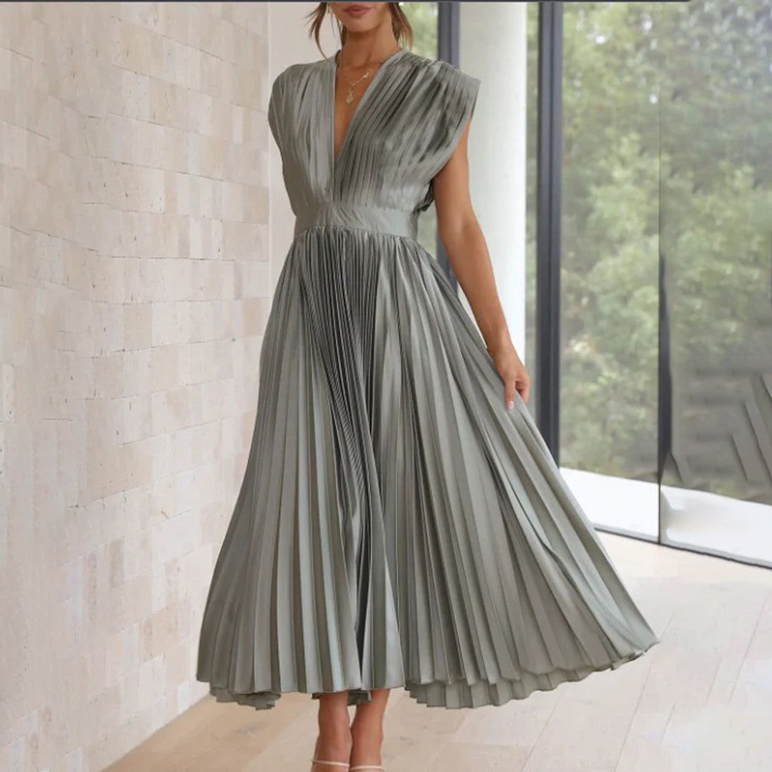 Rosalie | Wedding Guest Pleated V-Neck Midi Dress